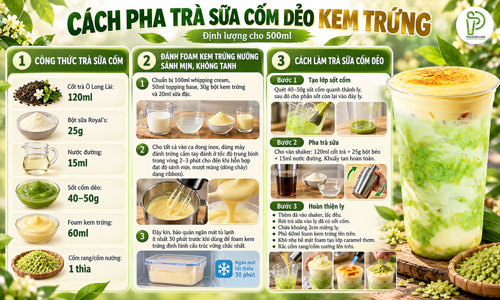 hướng dẫn cách làm trà sữa cốm dẻo kem trứng