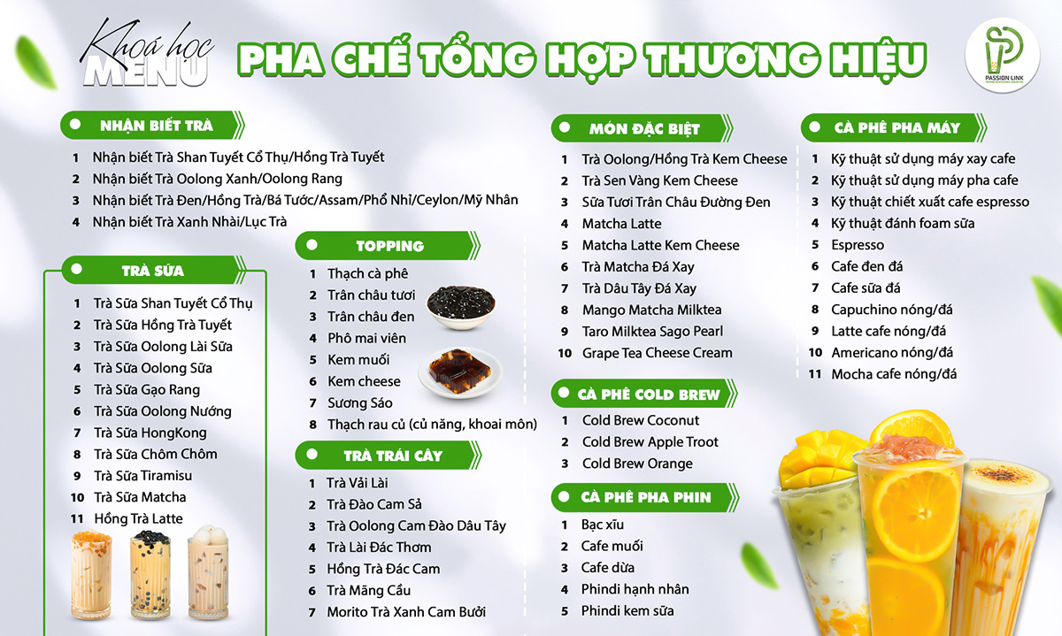 menu học pha chế tổng hợp thương hiệu pl