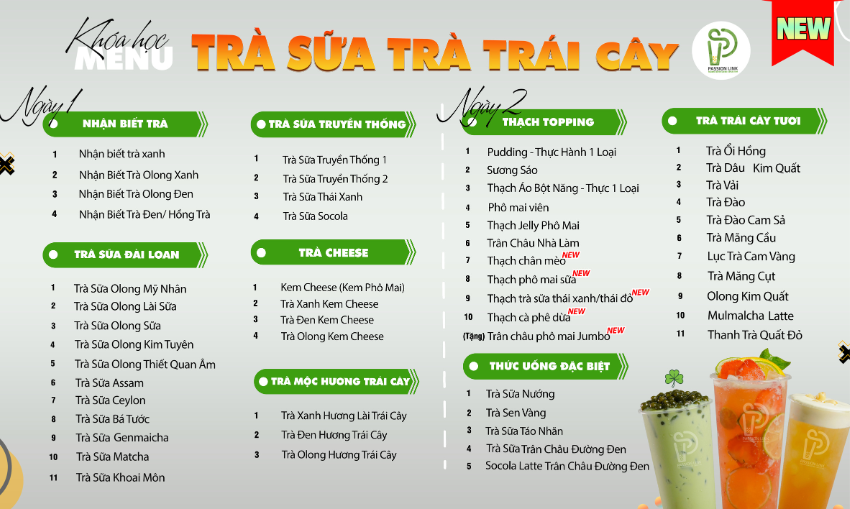 menu khoá học trà sữa trà trái cây PL